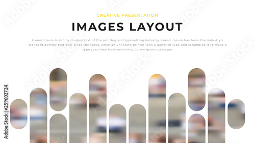 Modern business presentation design with yellow shapes & rounded photos on white background. Editable annual report flyer leaflet corporate presentation banner design template. Simple webpage design