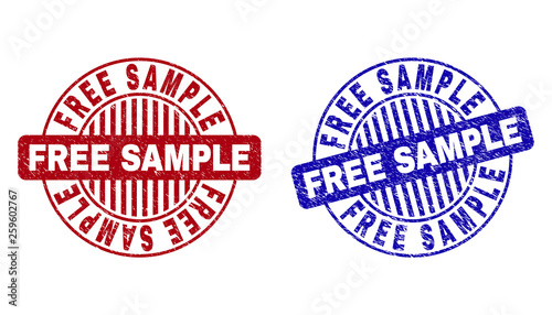 Grunge FREE SAMPLE round stamp seals isolated on a white background. Round seals with grunge texture in red and blue colors. Vector rubber imprint of FREE SAMPLE tag inside circle form with stripes.