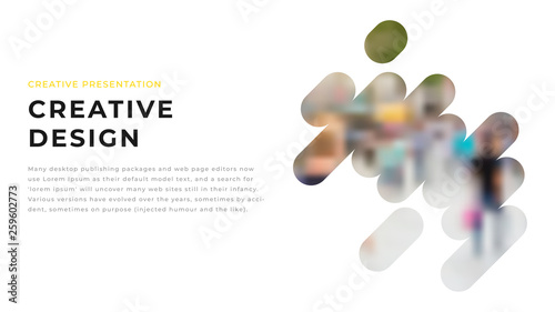 Modern business presentation design with yellow shapes & rounded photos on white background. Editable annual report flyer leaflet corporate presentation banner design template. Simple webpage design