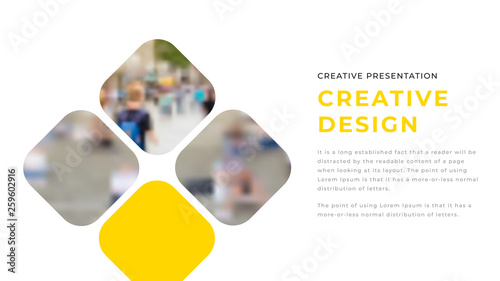 Modern business presentation design with yellow shapes & photos on white background. Editable annual report flyer leaflet corporate presentation banner design template. Simple webpage design