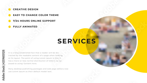 Modern business presentation design with yellow shapes & rounded photos on white background. Editable annual report flyer leaflet corporate presentation banner design template. Simple webpage design