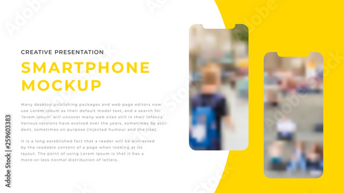 Modern business presentation design with yellow shapes & rectangle photos on white background. Editable annual report flyer leaflet corporate presentation banner design template. Simple webpage design