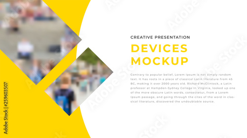 Modern Devices business presentation design with yellow shapes & photos on white background. Editable annual report flyer leaflet corporate presentation banner design template. Simple webpage design