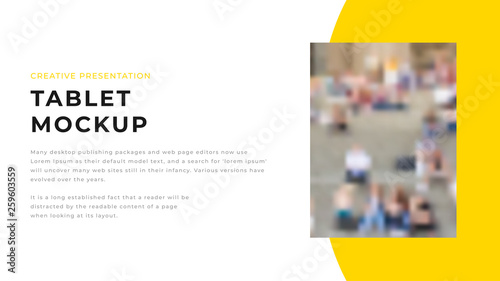 Modern Tablet business presentation design with yellow shapes. Editable annual report flyer leaflet corporate presentation banner design template. Webpage design