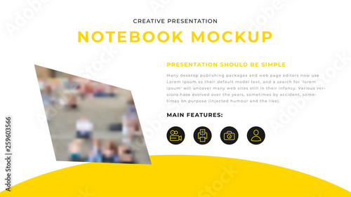 Modern business presentation design with yellow shapes 4 icons on white background. Editable annual report flyer leaflet corporate presentation banner design template. Simple webpage design