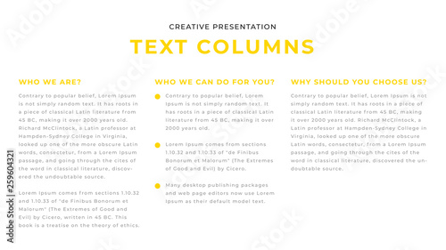 Modern text columns business presentation design on white background. Editable annual report flyer leaflet corporate presentation banner design template. Simple webpage design