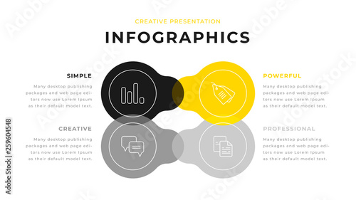 4 option yellow, gray & black infographic chart diagram business presentation design. Annual report flyer leaflet corporate presentation template. Simple webpage design