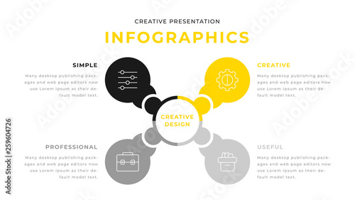 4 option yellow and gray infographic chart diagram business presentation design. Annual report flyer leaflet corporate presentation template. Simple webpage design