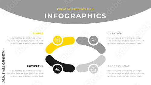 4 option yellow and gray infographic chart diagram business presentation design. Annual report flyer leaflet corporate presentation template. Simple webpage design