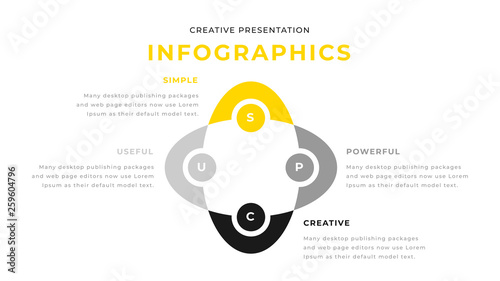 4 option yellow and gray infographic chart diagram business presentation design. Annual report flyer leaflet corporate presentation template. Simple webpage design