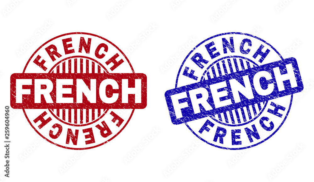 Grunge FRENCH round stamp seals isolated on a white background. Round seals with grunge texture in red and blue colors. Vector rubber imitation of FRENCH caption inside circle form with stripes. Grunge FRENCH round stamp seals isolated on a white background. Round seals with grunge texture in red and blue colors. Vector rubber imitation of FRENCH caption inside circle form with stripes.