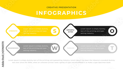 4 option of swot analyze modern business presentation design with yellow and gray colors. Editable annual report flyer leaflet corporate presentation design template. Web design