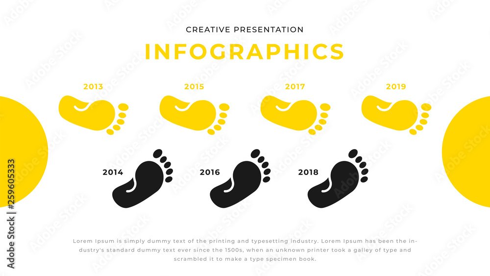 Yellow footprints yearly reporting business infographic presentation design. Editable annual report flyer leaflet corporate presentation banner design template. Simple webpage design