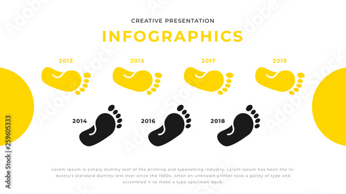 Yellow footprints yearly reporting business infographic presentation design. Editable annual report flyer leaflet corporate presentation banner design template. Simple webpage design