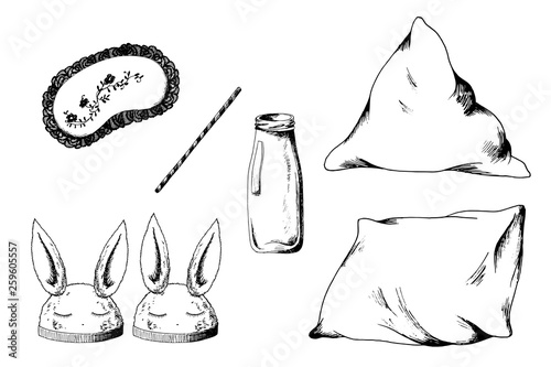 Pajama sleepover party sketch kit elements on white background