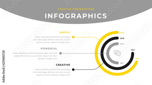Yearly infographic chart reporting business presentation design with yellow and black shapes on white. Editable annual flyer leaflet corporate presentation banner design template