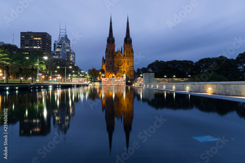reflection of the cathedral in the fountain