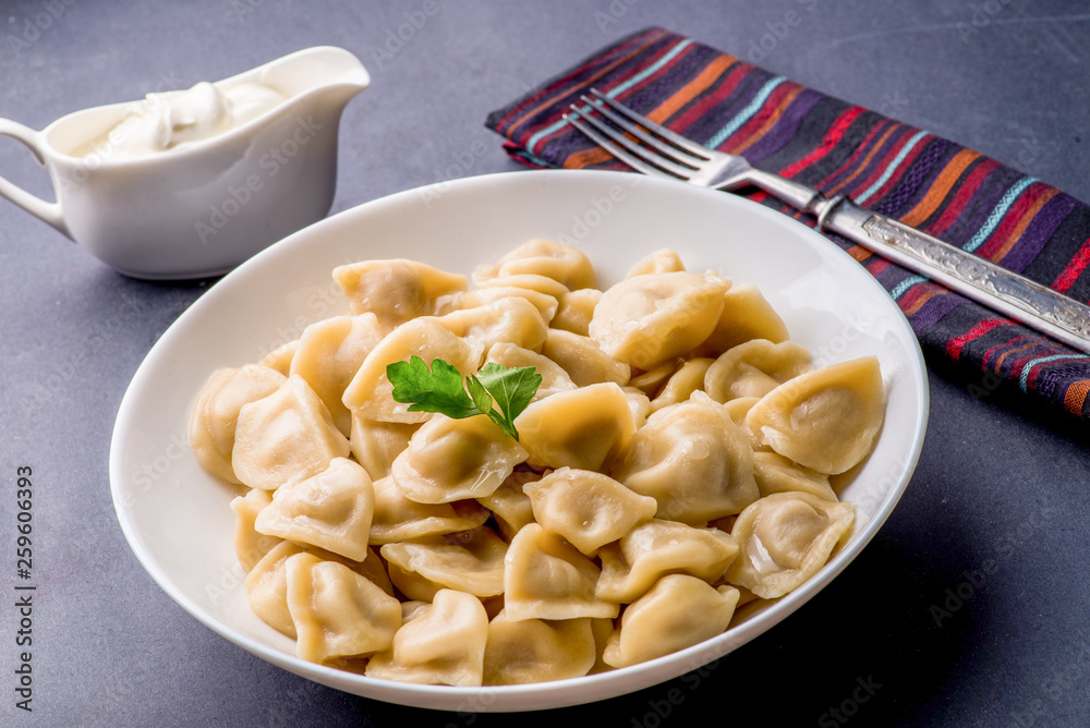 boiled dumplings with filling and sauce on the plate. Steam over a plate boiled dumplings with filling and sauce on the plate. Steam over a plate