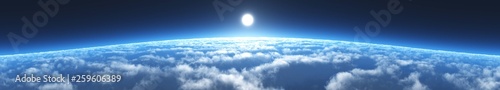 Sunrise over the planet Earth above the clouds, 3d rendering
