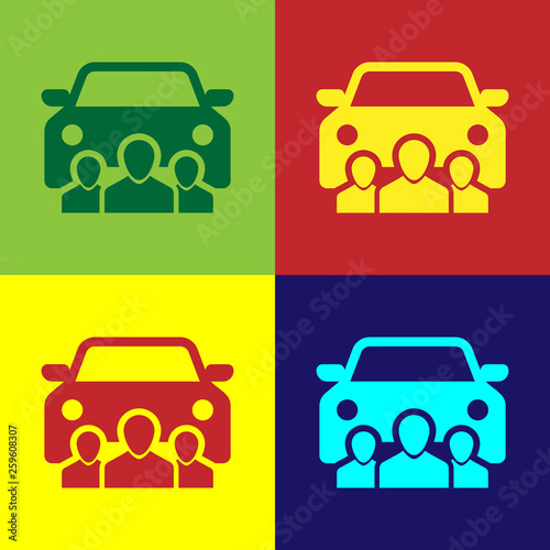 Color Car sharing with group of people icon isolated on color backgrounds. Carsharing sign. Transport renting service concept. Flat design. Vector Illustration