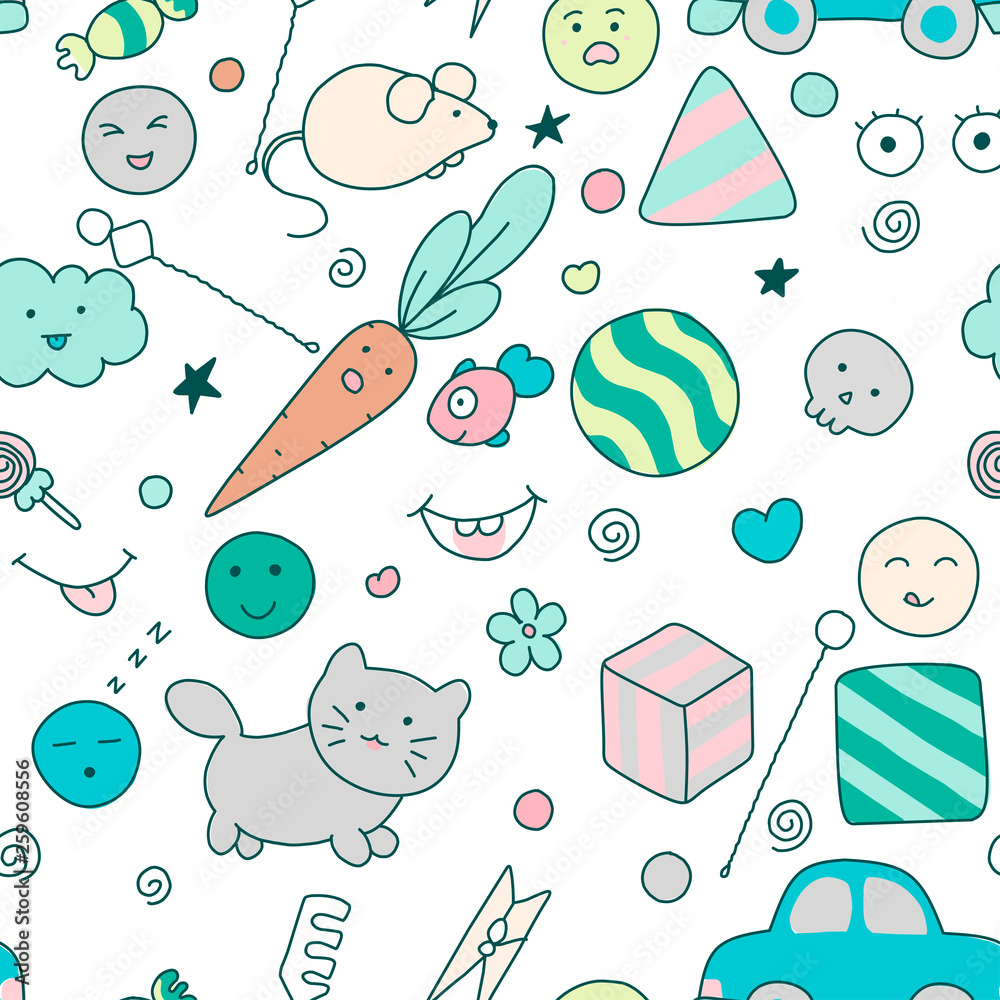 Seamless kawaii child pattern with speech therapy tools with cute doodles.