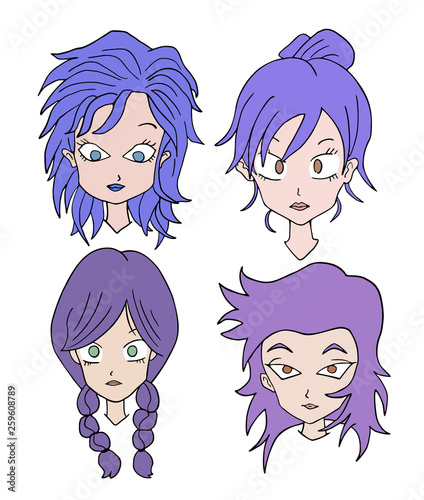 four purple hair women faces