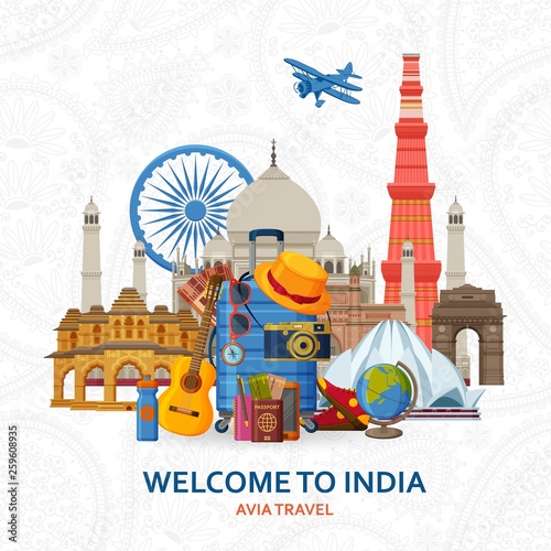 Travel in India concept. Indian most famous sights set. Architectural buildings. Tourist background with suitcases, sunglasses, hat, camera and flip. Flying paper planes at the back