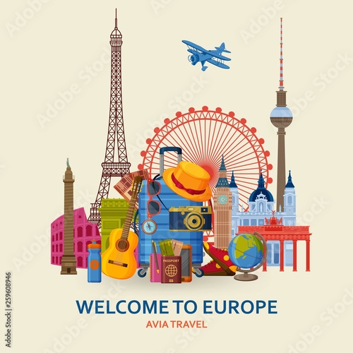 Travel in Europe concept. European most famous sights set. Architectural buildings. Tourist background with suitcases, sunglasses, hat, camera and flip. Flying paper planes at the back