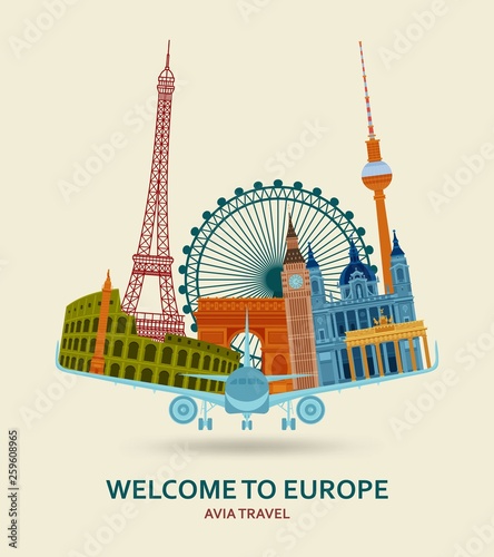 Travel in Europe concept. European most famous sights set. Architectural buildings. Tourist background with suitcases, sunglasses, hat, camera and flip. Flying paper planes at the back