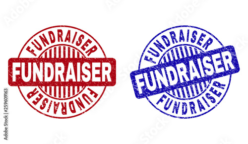 Grunge FUNDRAISER round stamp seals isolated on a white background. Round seals with grunge texture in red and blue colors. Vector rubber watermark of FUNDRAISER label inside circle form with stripes.