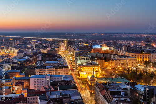 Belgrade, Serbia March 31, 2019: Aerial Shot of Terazije square and Palace of Albania in the central town and the surrounding neighborhood of Belgrade. It is located in the municipality of Stari Grad.