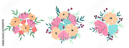 Bouquets of flowers  berries  leaves and twigs of fantasy plants. Vector