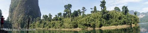 tropical landscape on chiao lan lake in khao sok