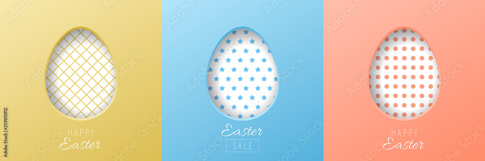Set of white Easter eggs cut out of paper with a pattern inside. Postcard with an Happy Easter lettering. Paschal sale banner.