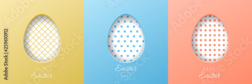 Set of white Easter eggs cut out of paper with a pattern inside. Postcard with an Happy Easter lettering. Paschal sale banner.