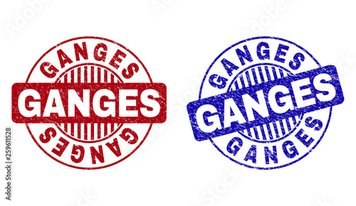 Grunge GANGES round stamp seals isolated on a white background. Round seals with grunge texture in red and blue colors. Vector rubber imprint of GANGES title inside circle form with stripes.