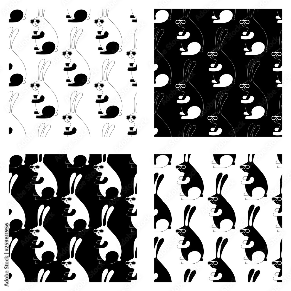 Cute cartoon hipster rabbit pattern set with rabbit in sunglasses. Sweet vector black and white hipster rabbit pattern set. Seamless monochrome doodle hipster rabbit pattern set for textile and cards. Cute cartoon hipster rabbit pattern set with rabbit in sunglasses. Sweet vector black and white hipster rabbit pattern set. Seamless monochrome doodle hipster rabbit pattern set for textile and cards.