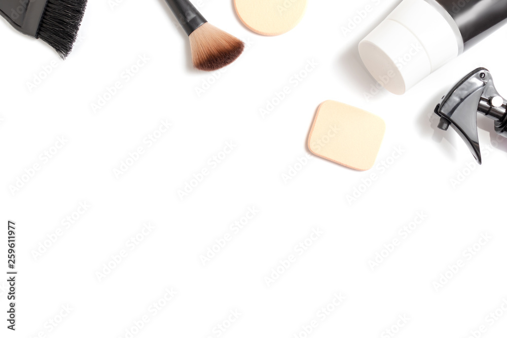 Set of professional decorative cosmetics, makeup and beauty tools and accessory on white background with copy space - beauty, fashion, party and shopping concept, flat lay Set of professional decorative cosmetics, makeup and beauty tools and accessory on white background with copy space - beauty, fashion, party and shopping concept, flat lay