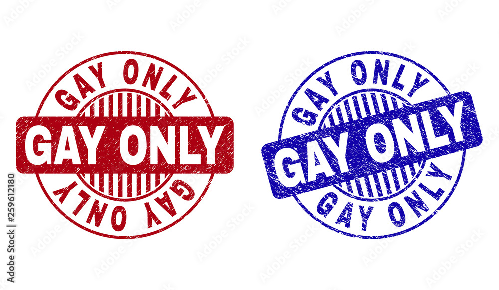 Grunge GAY ONLY round stamp seals isolated on a white background. Round seals with grunge texture in red and blue colors. Vector rubber imitation of GAY ONLY text inside circle form with stripes. Grunge GAY ONLY round stamp seals isolated on a white background. Round seals with grunge texture in red and blue colors. Vector rubber imitation of GAY ONLY text inside circle form with stripes.