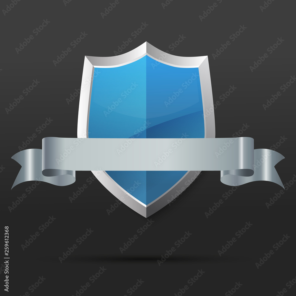 Blue and silver shield with ribbon. Vector illustration. Blue and silver shield with ribbon. Vector illustration.