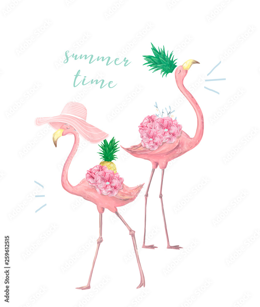 Fototapeta premium Couple pink flamingos. Watercolor cute two pink flamingo. Tropical print for invitation, birthday, celebration, greeting card. illustration