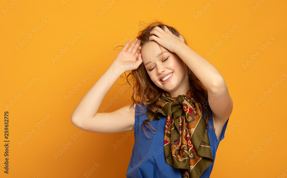 Casual girl having fun on color background. Casual girl having fun on color background.