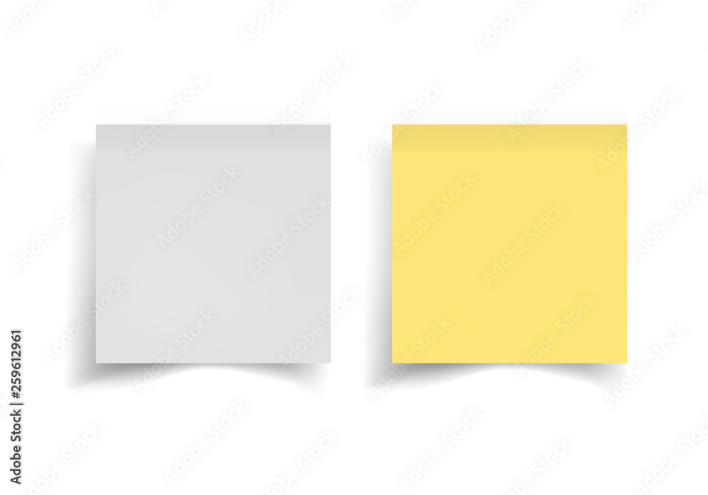 White and yellow stickers papers. Note paper with curled corner. Vector isolated on white background