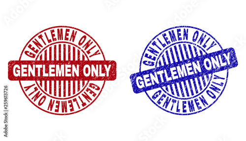 Grunge GENTLEMEN ONLY round stamp seals isolated on a white background. Round seals with grunge texture in red and blue colors.