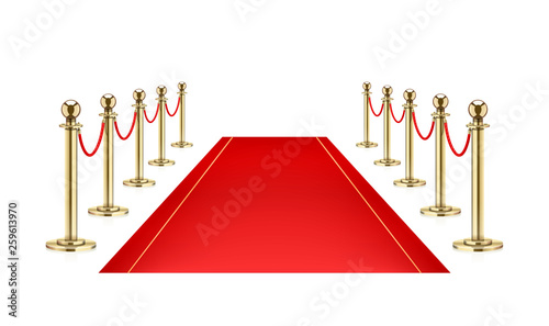 Red carpet and Golden barrier with rope for Vip presentation. Defence equipment for guard celebrity on red carpet. Isolated white background. Eps10 vector illustration.