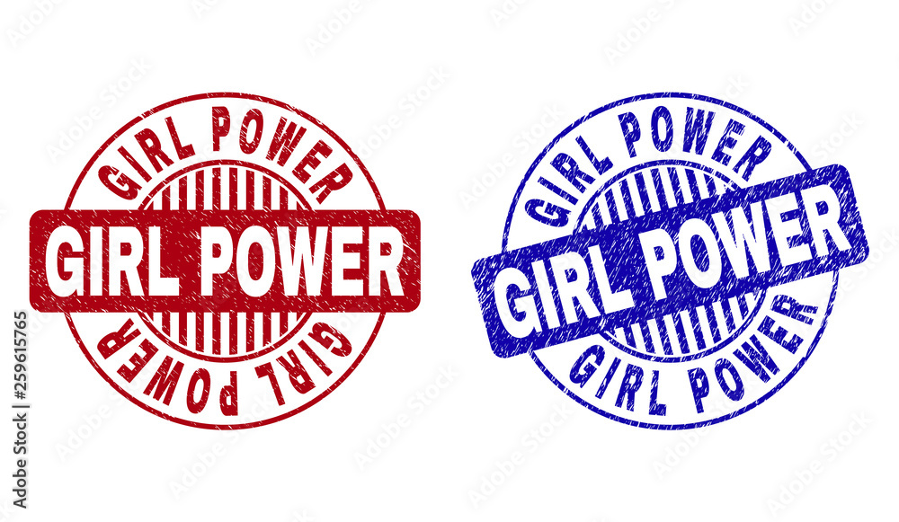 Grunge GIRL POWER round stamp seals isolated on a white background. Round seals with grunge texture in red and blue colors. Vector rubber watermark of GIRL POWER title inside circle form with stripes. Grunge GIRL POWER round stamp seals isolated on a white background. Round seals with grunge texture in red and blue colors. Vector rubber watermark of GIRL POWER title inside circle form with stripes.