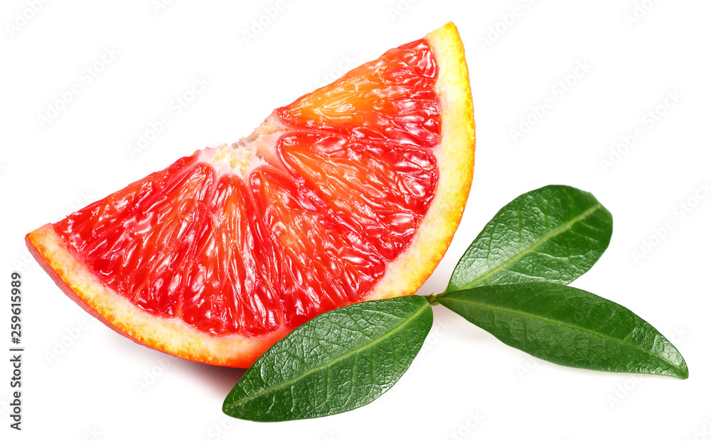 Slice of red blood orange with leaf isolated on white background Slice of red blood orange with leaf isolated on white background