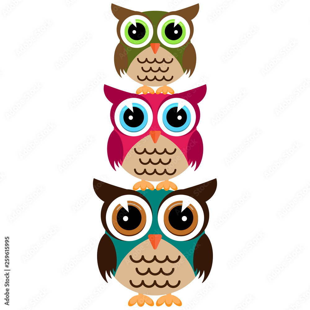 three colorful owls