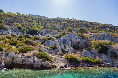 Sunken ruins in Kekova island of Dolichiste ancient Lycian town facing Kaleköy-ancient Simena destroyed by an earthquake in AD.141-rebuilt and lasting until the Byzantine era. Antalya - Turkey.