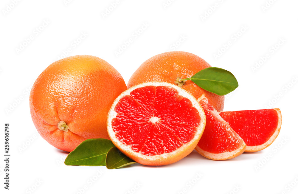 Whole and cut ripe grapefruits isolated on white Whole and cut ripe grapefruits isolated on white